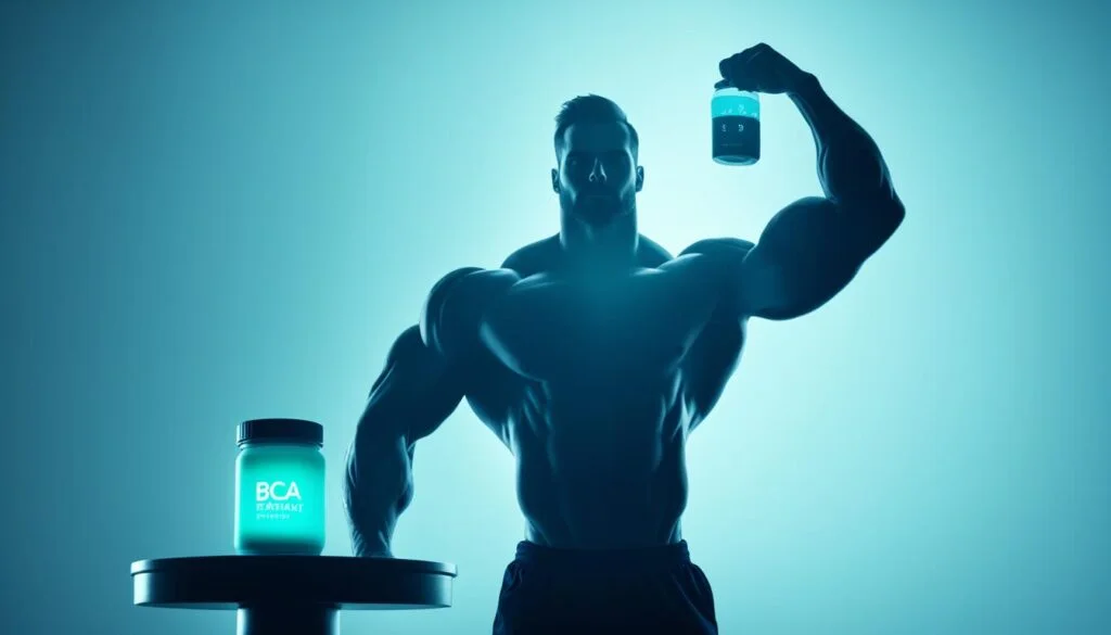 A silhouette of a person for an article "do bcaas break a fast" doing intermittent fasting while holding a jar filled with BCAAs. The silhouette should be in front of a clock depicting the fasting hours. The background can have a faded image of BCAA supplements and a fasting tracker app on a smartphone.
