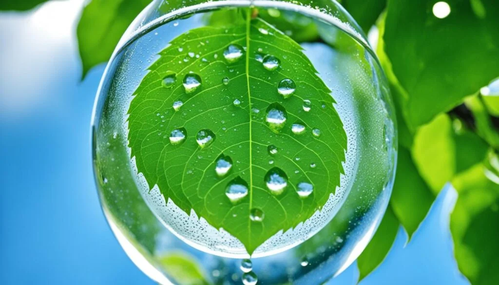 An image for the article "do electrolytes break a fast" A clear glass of water with droplets on the outside, framed by green leaves and a blue sky background. The glass should have a slightly frosted texture, to give the impression of coolness, and the droplets should be emphasized to emphasize the importance of hydration. The leaves should be lush and vibrant, with varying shades of green to suggest a healthy and nourishing environment. The blue sky should be bright and clear, with wispy clouds that indicate a refreshing breeze.