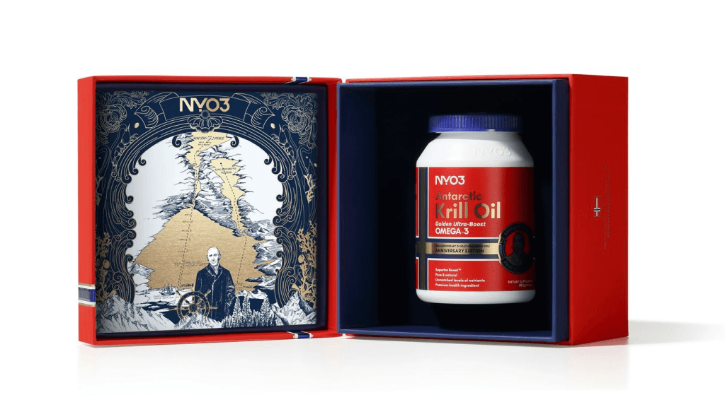 Omega-3 Benefits. A red and blue box with a bottle in it